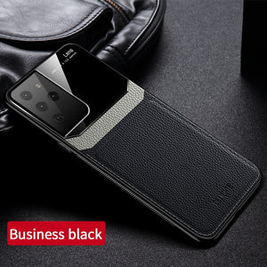 Leather Mirror Glass Back Cover Shockproof Case for Samsung S21 S20 Note 20 Series