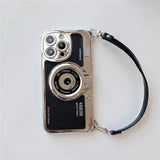 3D Luxury Camera With Hand Strap Leather Pattern Case for iPhone 15 14 13 12 series