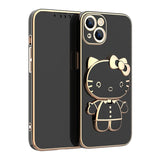 Solid Color Cute Hello Cat KickStand With Mirror Inside Case For iPhone 14 13 12 series