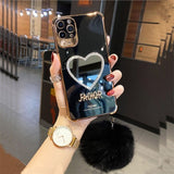 Plating Love Heart Mirror Fur Ball Glitter Case for iPhone 13 12 11 Pro Max