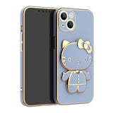 Solid Color Cute Hello Cat KickStand With Mirror Inside Case For iPhone 14 13 12 series