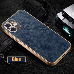 Luxury Real Cowhide Leather Frame Electroplating Phone Case for iPhone 12 11 Series