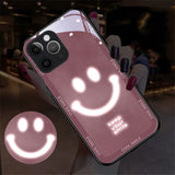 Keep Smiling Pattern Tempered Glass Glitter LED Light Up Glowing Luminous Slogan Case For iPhone 15 14 13 12 series