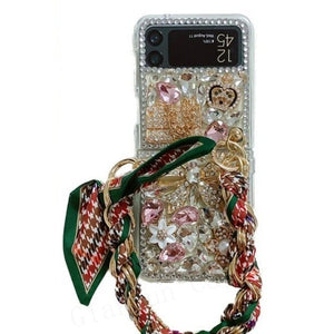 Scarf Lanyard Bling Diamond Flowers Case For Samsung Galaxy Z Flip 4 3 2 series