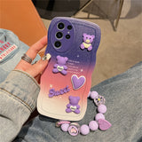 3D Bear Gradient Case With Wrist Strap Chain For Samsung Galaxy S23 S22 S21 series