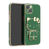 Solid Color Cute Hello Cat KickStand With Mirror Inside Case For iPhone 14 13 12 series