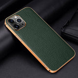 Real Pure Cowhide Leather Golden Plating Frame Full wrapped Case for iPhone 12 11 Series