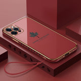 Luxury Cute Maple Leaf Square Plating Silicone Phone Case with Lanyard For iPhone 13 12 11 Series