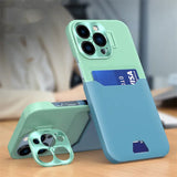 Luxury Leather Card Holder Slot Invisible Bracket Case With Metal Lens Protect For iPhone 15 14 13 series