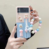 Cute Girl Kawaii Case With Wristband Bracket Holder and Beads Strap For Samsung Galaxy Z Flip 4