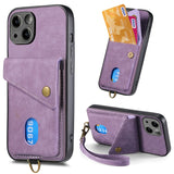 Vintage Cards Slot Bag Wallet Leather Case With Strap and KickStand For iPhone 15 14 13 12 series