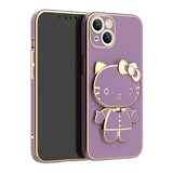 Solid Color Cute Hello Cat KickStand With Mirror Inside Case For iPhone 14 13 12 series