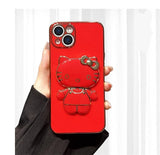 Solid Color Cute Hello Cat KickStand With Mirror Inside Case For iPhone 14 13 12 series
