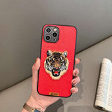 3D Embroidery Tiger Head Aesthetic Leather Texture Case for iPhone 13 12 11 Pro Max