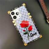 Luxury Mirror Face Plaid Red Rose Flower Case For iPhone 14 13 12 series