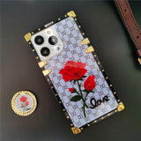 Luxury Mirror Face Plaid Red Rose Flower Case For iPhone 14 13 12 series