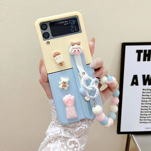 Cute Girl Kawaii Case With Wristband Bracket Holder and Beads Strap For Samsung Galaxy Z Flip 4