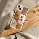 Cartoon 3D Cute Bear Smiley Vintage Splice Lattice Leather Phone Case For iPhone 13 12 11 Series