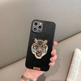 3D Embroidery Tiger Head Aesthetic Leather Texture Case for iPhone 13 12 11 Pro Max