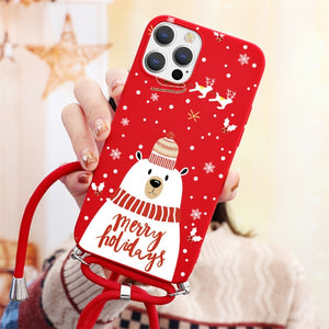 Soft TPU Christmas Deer Case with Necklace Lanyard Rope For iPhone 13 12 11 Series