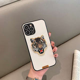 3D Embroidery Tiger Head Aesthetic Leather Texture Case for iPhone 13 12 11 Pro Max